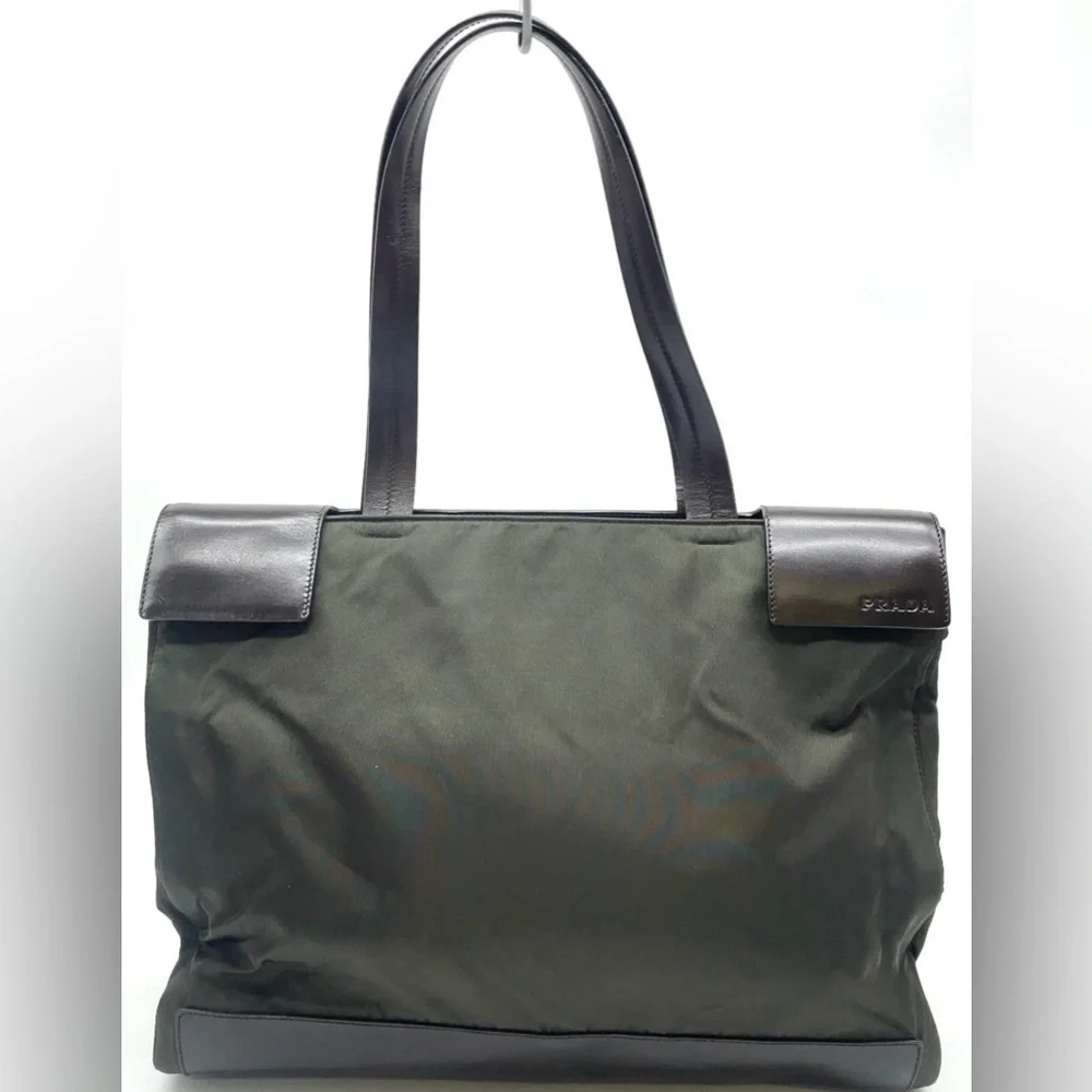 PRADA Vintage Y2K Unisex Rare Dark Olive Nylon/Leather Shopper Tote Handbag